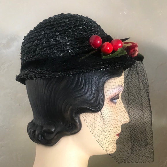 CHARISMATIC 1930s\' BLACK STRAW TOQUE WITH IMITATION CHERRIES, FLOWERS & VEIL main image 14